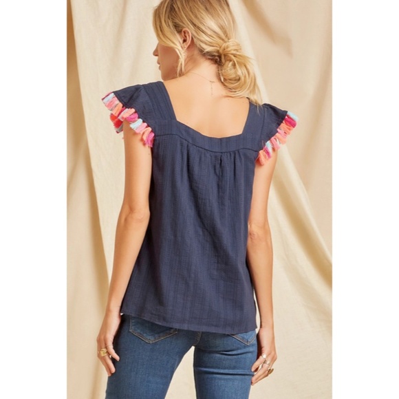 SOLD OUT Navy Geometric Embroidered Tassel Trimmed Woven Short Sleeve Top - Picture 5 of 5